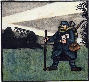 Pierwsza wojna światowa 1914-1918 (14-18): Owłosiony. Portret żołnierza armii francuskiej w mundurze wojskowym z plecakiem, torbą i karabinem. Rycina w "Alfabecie Wielkiej Wojny 1914-1916 (dla dzieci naszych żołnierzy)". Editions Berger-Levrault autorstwa Andre Helle