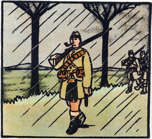Pierwsza wojna światowa 1914-1918 (14-18): Highlander. Żołnierze ze Szkocji przybyli na pomoc armii francuskiej. Ich mundur wojskowy składa się z jednego kiltu. Rycina w "Alfabecie Wielkiej Wojny 1914-1916 (dla dzieci naszych żołnierzy)". Editions Berger-L