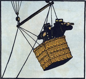 Pierwsza wojna światowa 1914-1918 (14-18): Obserwatorzy (posterunek obserwacyjny) armii francuskiej w balonie w niewoli próbujący dostrzec wroga. Rycina w "Alfabecie Wielkiej Wojny 1914-1916 (dla dzieci naszych żołnierzy)". Editions Berger-Levrault autorstwa Andre Helle