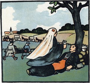 Pierwsza wojna światowa 1914-1918 (14-18): Pielęgniarka Czerwonego Krzyża opiekująca się żołnierzami na polach bitew. Rycina w "Alfabecie Wielkiej Wojny 1914-1916 (dla dzieci naszych żołnierzy)". Editions Berger-Levrault autorstwa Andre Helle