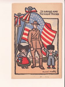 Pocztówka satyryczna w kolorach: Le grand ami wielki przyjaciel - Wojna 14-18, Ameryka, Alzacja Lotaryngia Ilustracja Andre Helle (1875-1945) autorstwa Andre Helle
