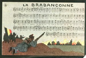 Pocztówka satyryczna w kolorach, około 1915 roku: La brabanconne - Wojna 14-18, Belgia, Chant - Żołnierze Ilustracja Andre Helle (1875-1945) autorstwa Andre Helle
