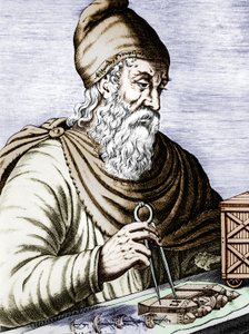 Archimede (287-212 avJC), grecki sycylijski fizyk i matematyk, grawerujący kolorowy dokument autorstwa Andre Thevet
