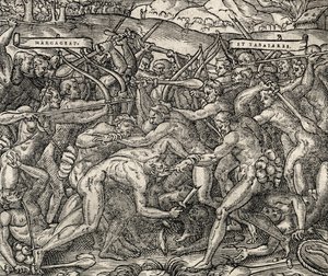 Bitwa między plemionami Margageaz i Tabajares, rycina z Uniwersalnej kosmologii, Andre Thevet (1504-1592) autorstwa Andre Thevet