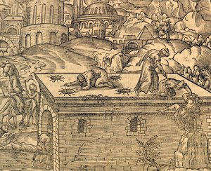 Chrześcijański cmentarz w Acheldemach, rycina z Cosmographie universelle, Andre Thevet (1504-1592), Paryż autorstwa Andre Thevet