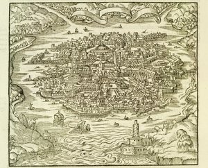 Miasto Quinsai (obecnie Tianjin), grawerowanie z La Cosmographie Universelle (Universal Cosmography) Andre Thevet