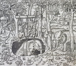 Polowanie na słonie na wyspie Jawa, rycina z Uniwersalnej kosmologii, Andre Thevet (1504-1592), Paryż autorstwa Andre Thevet