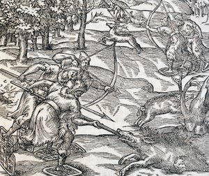 Indian polowanie na dzika, rycina z Uniwersalnej kosmologii, Andre Thevet (1504-1592), Paryż autorstwa Andre Thevet