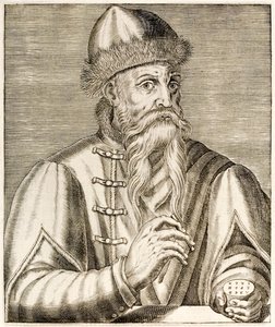 Johannes Gutenberg: niemiecki wynalazca, którego wynalezienie ruchomej prasy drukarskiej zapoczątkowało rewolucję drukarską, z „Prawdziwych portretów” André Théveta opublikowanych w 1584 r.