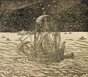 Marynarze podążający trasą północną, rycina z Uniwersalnej kosmologii, Andre Thevet (1504-1592), Paryż autorstwa Andre Thevet