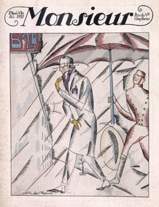 Mężczyzna w płaszczu przeciwdeszczowym, okładka magazynu „Monsieur”, nr 24, wyd. grudzień 1921 (druk pochórowy) autorstwa Andre de Roux