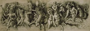 Bitwa bogów morskich (pióro i brązowy tusz na papierze) autorstwa Andrea (workshop of) Mantegna