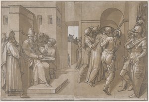 Chrystus wyprowadzany, żołnierze stoją po prawej stronie prześcieradła, 1585. autorstwa Andrea Andreani