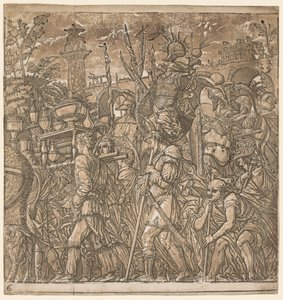 Triumf Juliusza Cezara: żołnierze niosący wazy i trofea wojenne, 1593-99. autorstwa Andrea Andreani