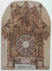 Triumf śmierci z trzema losami w architektonicznej ramie nad kołem fortuny otoczonym szkieletami; czaszka i klepsydra u góry oraz koło przeznaczone do obracania się w środku autorstwa Andrea Andreani
