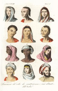 Portrety różnych indyjskich kast: Bramini 1,2, Kshatriyas lub Khatri, Pendżabska kasta kupiecka 3,4, Vaisyas 5,6, Sudras 7,8, Hindusi z Górnych Indii 9,10 i Mogołowie 11,12. Miedzioryt ręcznie barwiony autorstwa Andrei Bernieri według François Solvynsa autorstwa Andrea Bernieri