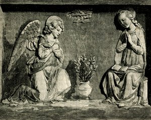 Zwiastowanie, Andrea Della Robbia (1435-1525 lub 1528), oratorium Madonna del Buon Consiglio, Prato, Toskania, Włochy, drzeworyt z Le cento citta d