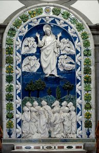Wniebowstąpienie Jezusa do nieba z Matką Bożą i jedenastoma apostołami Niska płaskorzeźba ceramiczna autorstwa Andrea della Robbia (1435-1525) ok. 1490 wym. 475 x 305 cm Santuario della Verna, Włochy
