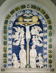 Ukrzyżowanie ze św. Franciszkiem z Asyżu, św. Janem Ewangelistą i św. Hieronima Wpisanym na krzyżu INRI (INRI). Ceramika płaskorzeźbiona Andrei della Robbia (1435-1525) ok. 1481 wym. 565x420 cm Santuario della Verna, Włochy