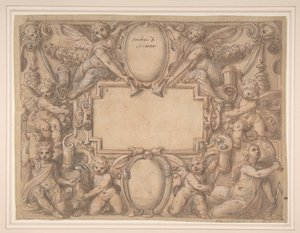 Kartusz i dwie tarcze otoczone postaciami alegorycznymi, 1570-1631. autorstwa Andrea Lilli