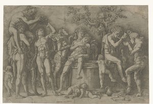 Bachanalia z satyrami i bachantkami w winiarni autorstwa Andrea Mantegna
