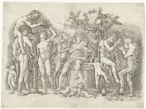 Bachanalia z satyrami i bachantkami w winiarni autorstwa Andrea Mantegna