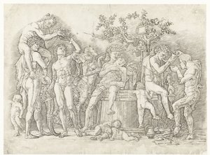 Bachanalia z satyrami i bachantkami w winiarni autorstwa Andrea Mantegna
