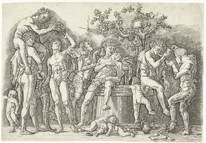 Bachanalia z satyrami i bachantkami w winiarni autorstwa Andrea Mantegna