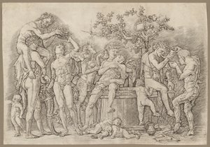 Bachanalia z kadzią na wino autorstwa Andrea Mantegna