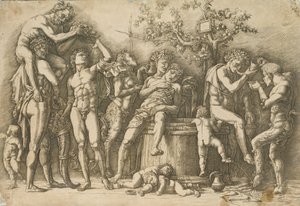 Bachanalia z kadzią na wino, ok.1470-90 (grawerowanie i sucha igła) autorstwa Andrea Mantegna