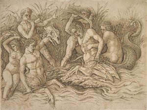 Bitwa bogów morza prawa połowa, ca. 1485-88. autorstwa Andrea Mantegna