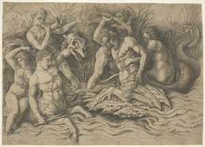 Bitwa bogów morza: prawa połowa fryzu autorstwa Andrea Mantegna