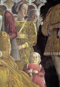 Krasnolud i inni dworzanie z portretu grupowego rodziny i dworu margrabiego Ludovico Gonzagi III z Mantui, z Camera degli Sposi lub Camera Picta, 1465-74, fragment fresku z 78449 autorstwa Andrea Mantegna