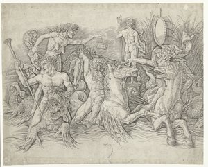 Bitwa między satyrami jadącymi na hipokampie a staruszką jako uosobieniem zawiści stojącą na grzbiecie smoka Bitwa Bogów Morskich autorstwa Andrea Mantegna