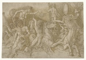 Bitwa między satyrami jadącymi na hipokampie a staruszką jako uosobieniem zawiści stojącą na grzbiecie smoka Bitwa Bogów Morskich autorstwa Andrea Mantegna