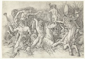 Bitwa między satyrami jadącymi na hipokampach a staruszką jako uosobieniem zawiści stojącą na grzbiecie smoka Bitwa Bogów Morskich autorstwa Andrea Mantegna