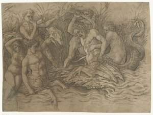 Bitwa między trytonami z nereidami na plecach Bitwa Bogów Morskich autorstwa Andrea Mantegna