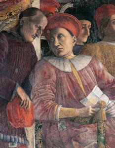 Ludovico Gonzaga i radca Marsilio Andreasi, fragment ściany sądu Andrei Mantegny (1431-1606), fresk, zamek San Giorgio, sala weselna lub Camera Picta, Mantua autorstwa Andrea Mantegna