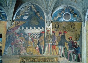 Marchese Ludovico Gonzaga III, jego żona Barbara z Brandenburgii, ich dzieci, dworzanie i ich pies Rubino, z Camera degli Sposi lub Camera Picta, 1465-74 autorstwa Andrea Mantegna