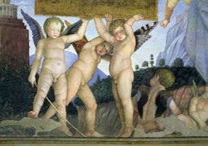 Putti ze skrzydłami motyla podtrzymujące tablicę dedykacyjną, z Camera degli Sposi lub Camera Picta, 1465-74, fresk 78449