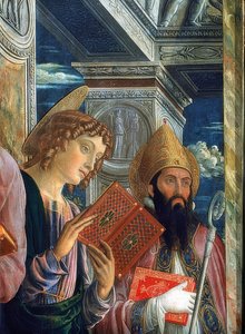 Ołtarz San Zeno. Szczegół po lewej stronie. 1457-1460. Na zdjęciu Jan Ewangelista i Zenon z Werony autorstwa Andrea Mantegna