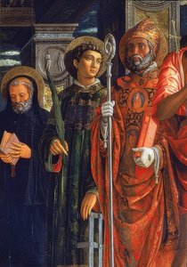 Ołtarz San Zeno. Szczegół po prawej stronie. 1457-1460. Detal przedstawia Augustyna z Hippony, Wawrzyńca Rzymskiego i Benedykta z Nursji autorstwa Andrea Mantegna