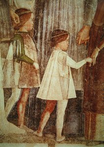 Przybycie kardynała Francesco Gonzagi, powitanego przez ojca Marchese Ludovico Gonzagę III i jego braci, szczegóły dotyczące dzieci z Gonzague, ok. godz. 1465-74 (szczegóły 78454) autorstwa Andrea Mantegna