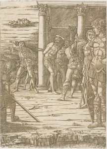 Biczowanie Chrystusa na tle krajobrazu autorstwa Andrea Mantegna