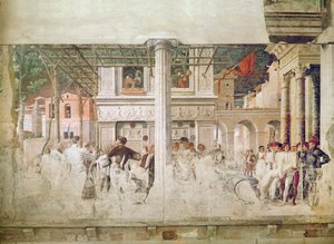 Męczeństwo św. Krzysztofa i przeniesienie jego ciała (przed restauracją), ok. 1450-56 autorstwa Andrea Mantegna