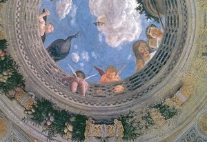 Trompe loeil oculus pośrodku sklepionego sufitu Camera degli Sposi lub Camera Picta, detal fresku z lat 1465-74 z 72245 autorstwa Andrea Mantegna