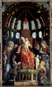 Dziewica Zwycięstwa (Madonna Zwycięstwa). Matka Boska jest reprezentowana: św. Michała, św. Jerzego, św. Longina i św. Andrzeja. Patron obrazu, Markiz Mantui, Francois II de Gonzague (Francis II Gonzaga) autorstwa Andrea Mantegna