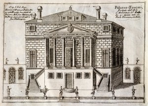 Główna fasada Villa Foscari znana jako La Malcontenta, Mira, zaprojektowana przez Andrea Palladio (1508-1580), rycina z Wzdłuż Kanału Brenta, prawie dzielnica Wenecji, autorstwa Vincenzo Coronelli (1650-1718), Wenecja