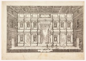 Elewacja wewnętrzna Teatru Olimpijskiego w mieście Vincenza (Widok na scenę Teatro Olimpico w Vicenzy)