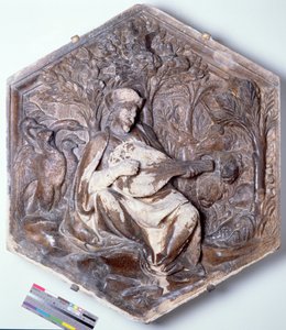 Poezja, sześciokątna dekoracyjna płytka reliefowa z serii przedstawiającej Siedem Sztuk Wyzwolonych, prawdopodobnie oparta na projektach Giotta (ok. 1266-1337) ok. 1334-48 (marmur)